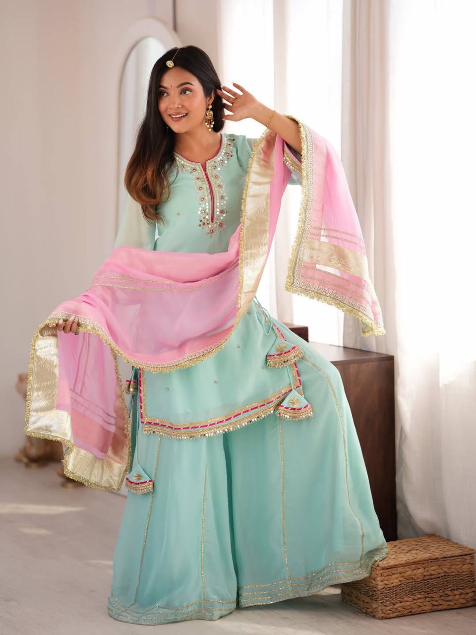 Sky Mint Organza Silk Sharara Suit Set with Pink Gota Patti Dupatta for Women