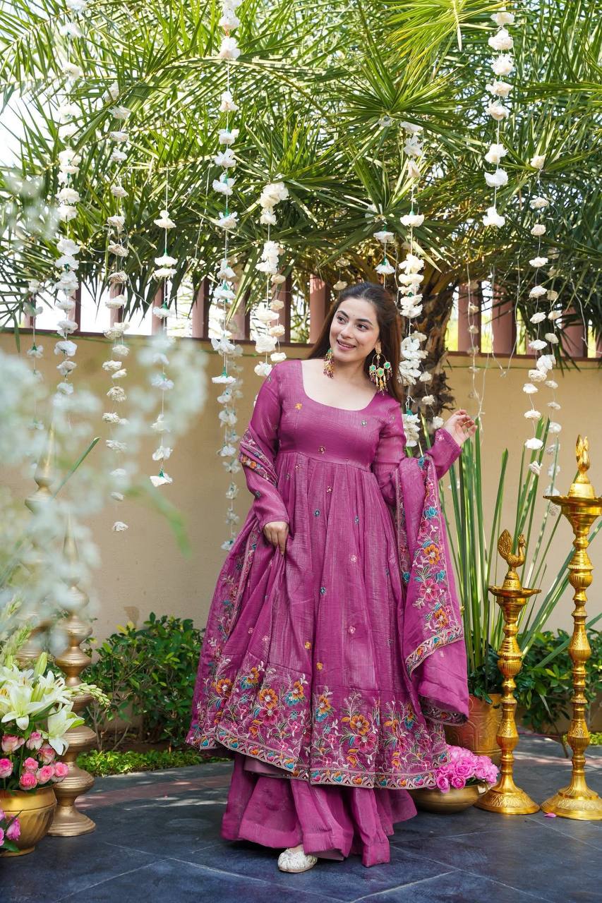 Luxury Embroidered Crunchy Silk Anarkali Gown Sharara Set with Dupatta