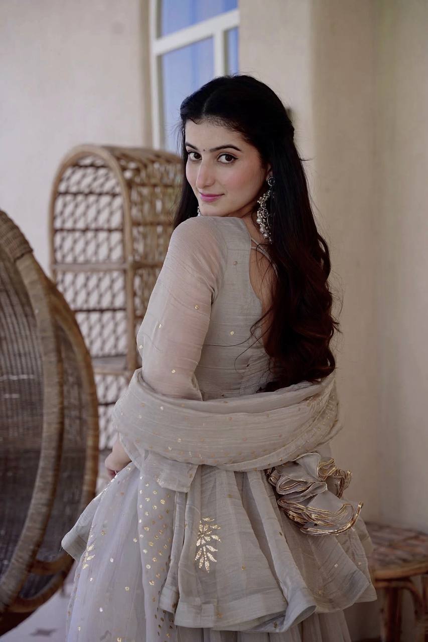 Party Wear Silver Grey Foil Work Peplum Palazzo Suit Set with Dupatta