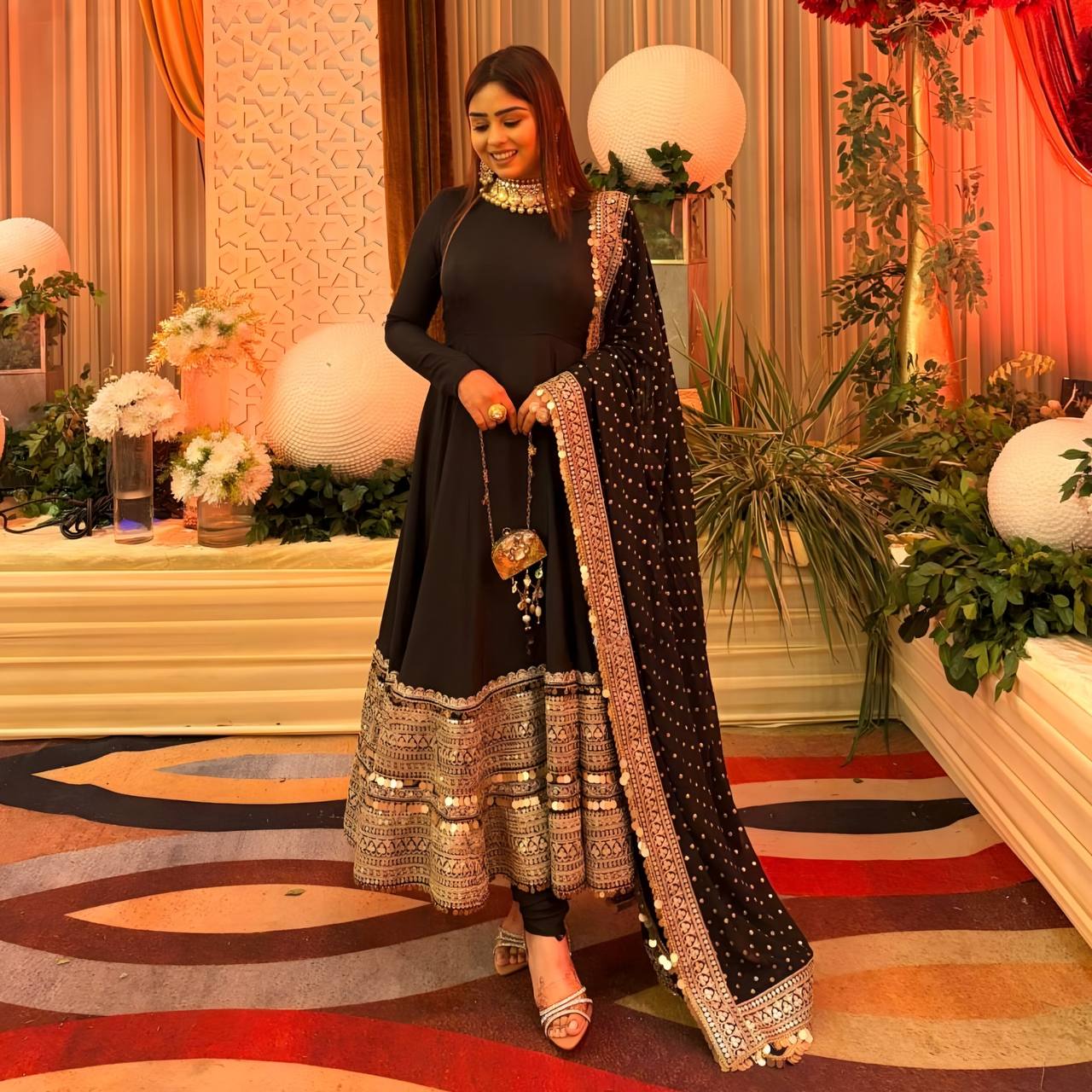 Black Kali-Cut Rayon Anarkali Suit with Heavy Codding Embroidery & Sequins Work