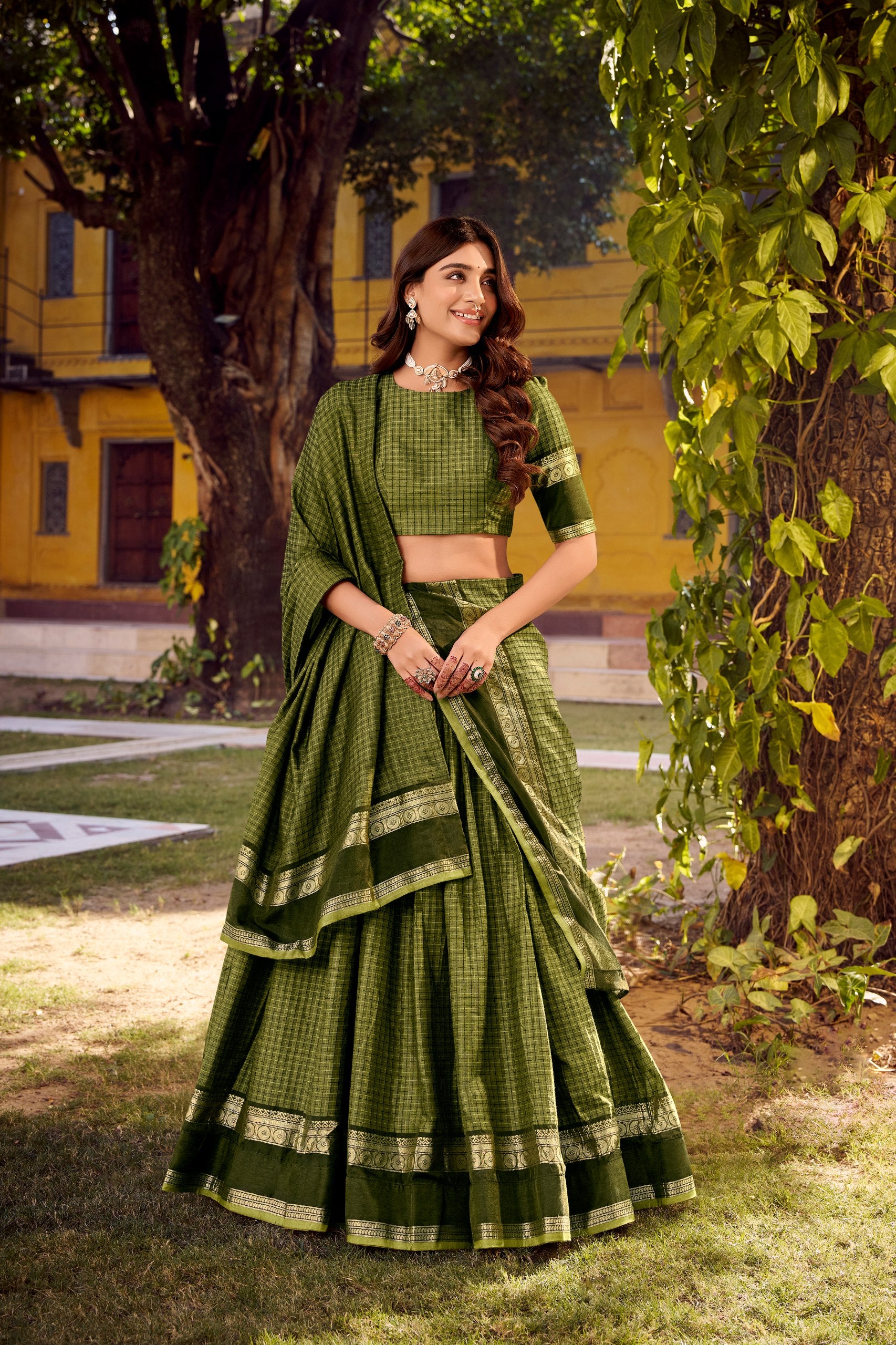 Chettinad Cotton Zari-Weaving Lehenga Choli Set