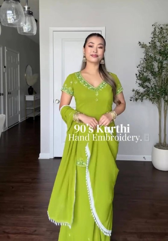 90's Iconic Lime Green Embroidered Georgette Sharara Suit Set with Dupatta