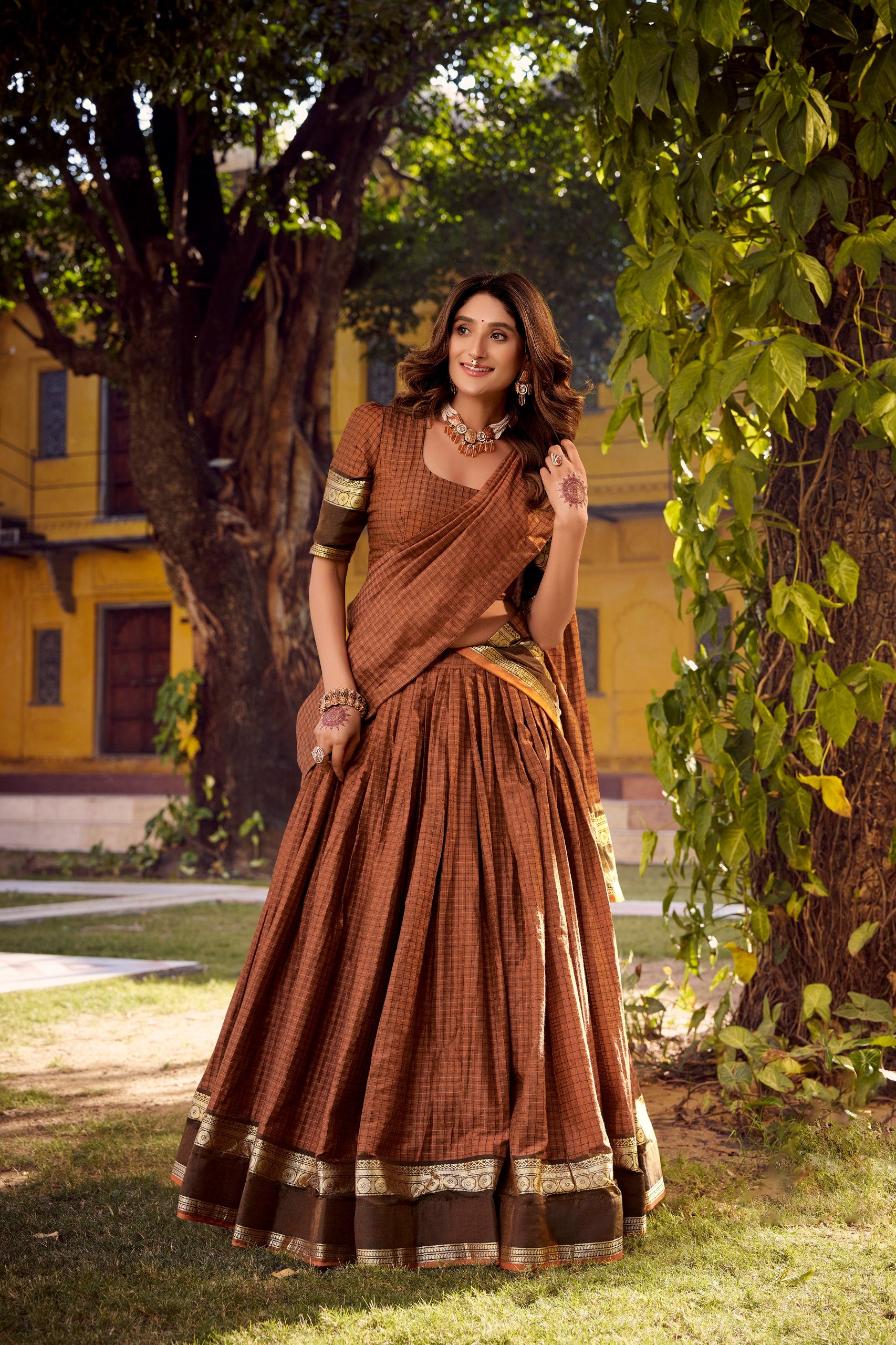 Chettinad Cotton Zari-Weaving Lehenga Choli Set