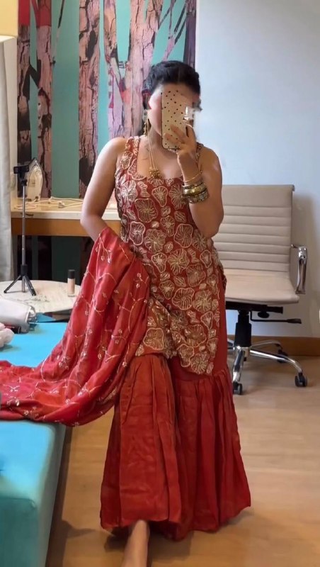 Rust Orange Sequin Sharara Palazzo Suit Set For Women
