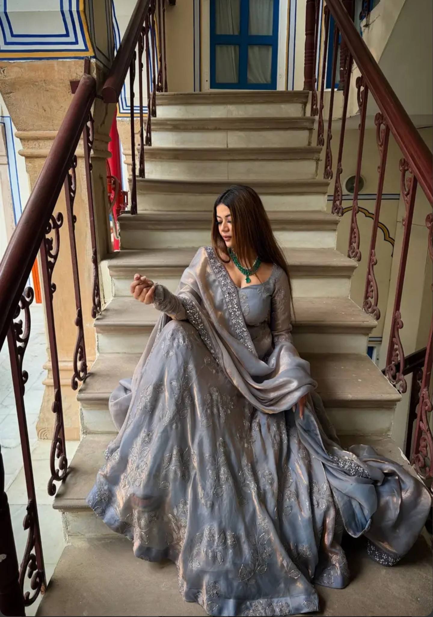 Silver Grey Fandy Silk Anarkali Gown Suit Set with Dupatta