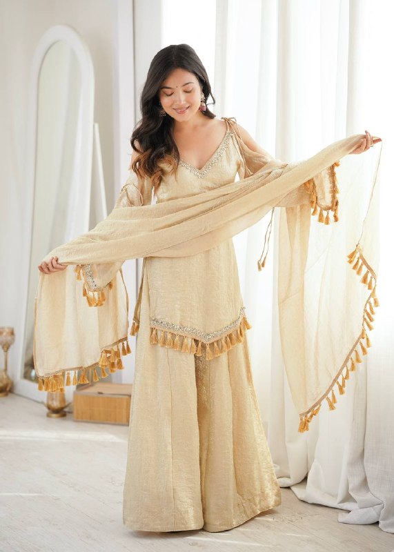Champagne Gold Mirror Work Party Wear Palazzo Suit Set for Women