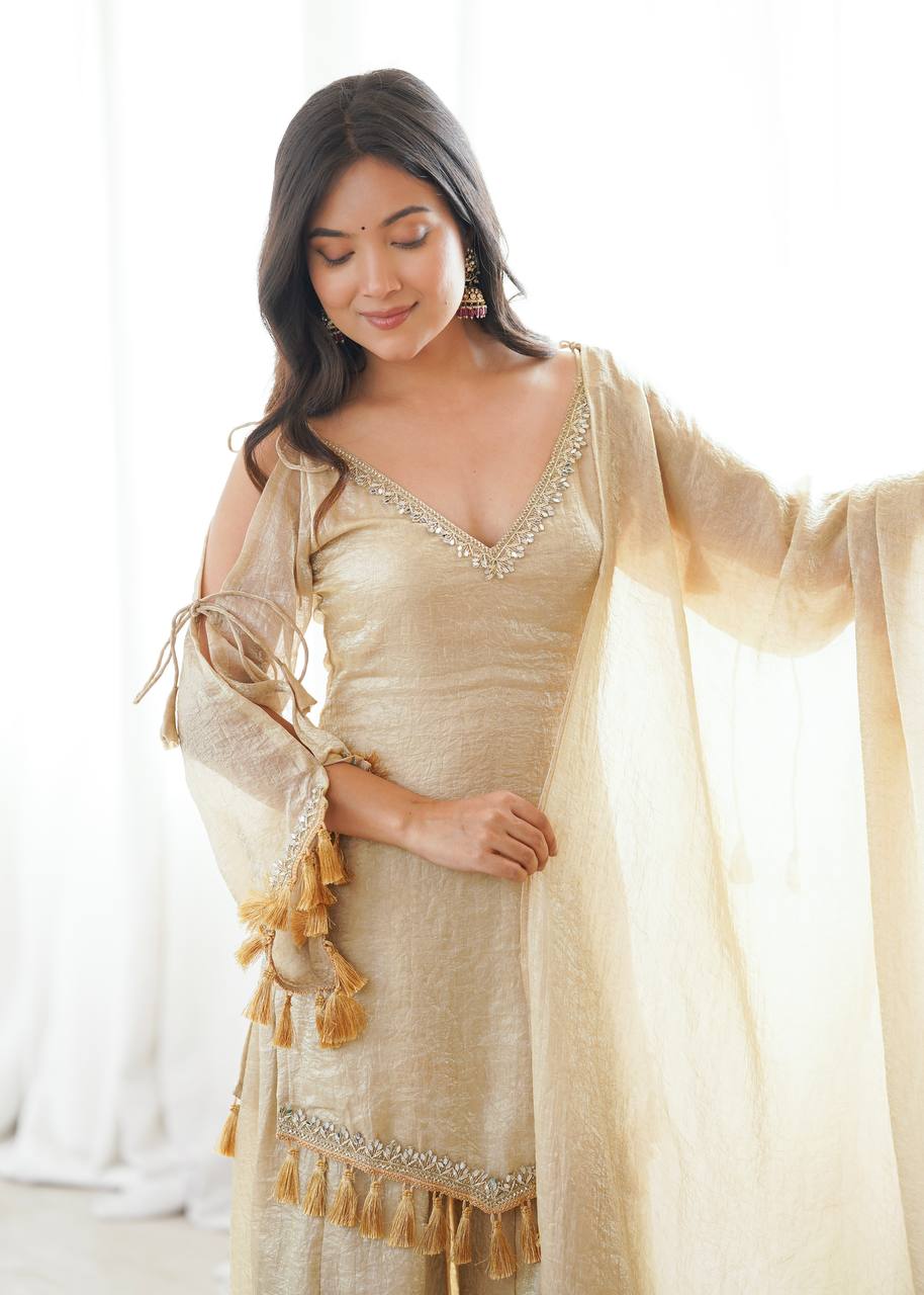 Champagne Gold Mirror Work Party Wear Palazzo Suit Set for Women