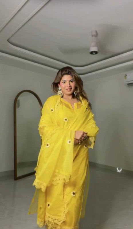 Yellow Floral Thread Work Kurta Suit Set for Women | Haldi, Wedding & Festive Wear