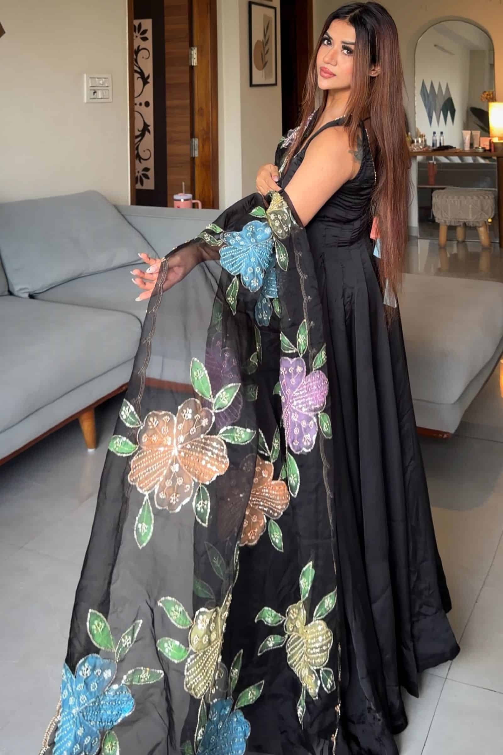 festive Wear Black Georgette Anarkali Suit Set with Floral Dupatta