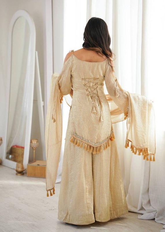 Champagne Gold Mirror Work Party Wear Palazzo Suit Set for Women