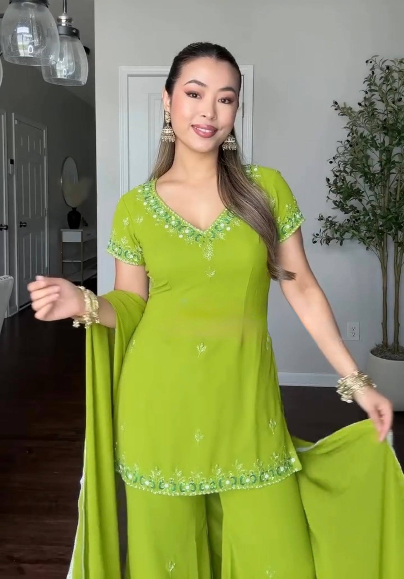 90's Iconic Lime Green Embroidered Georgette Sharara Suit Set with Dupatta