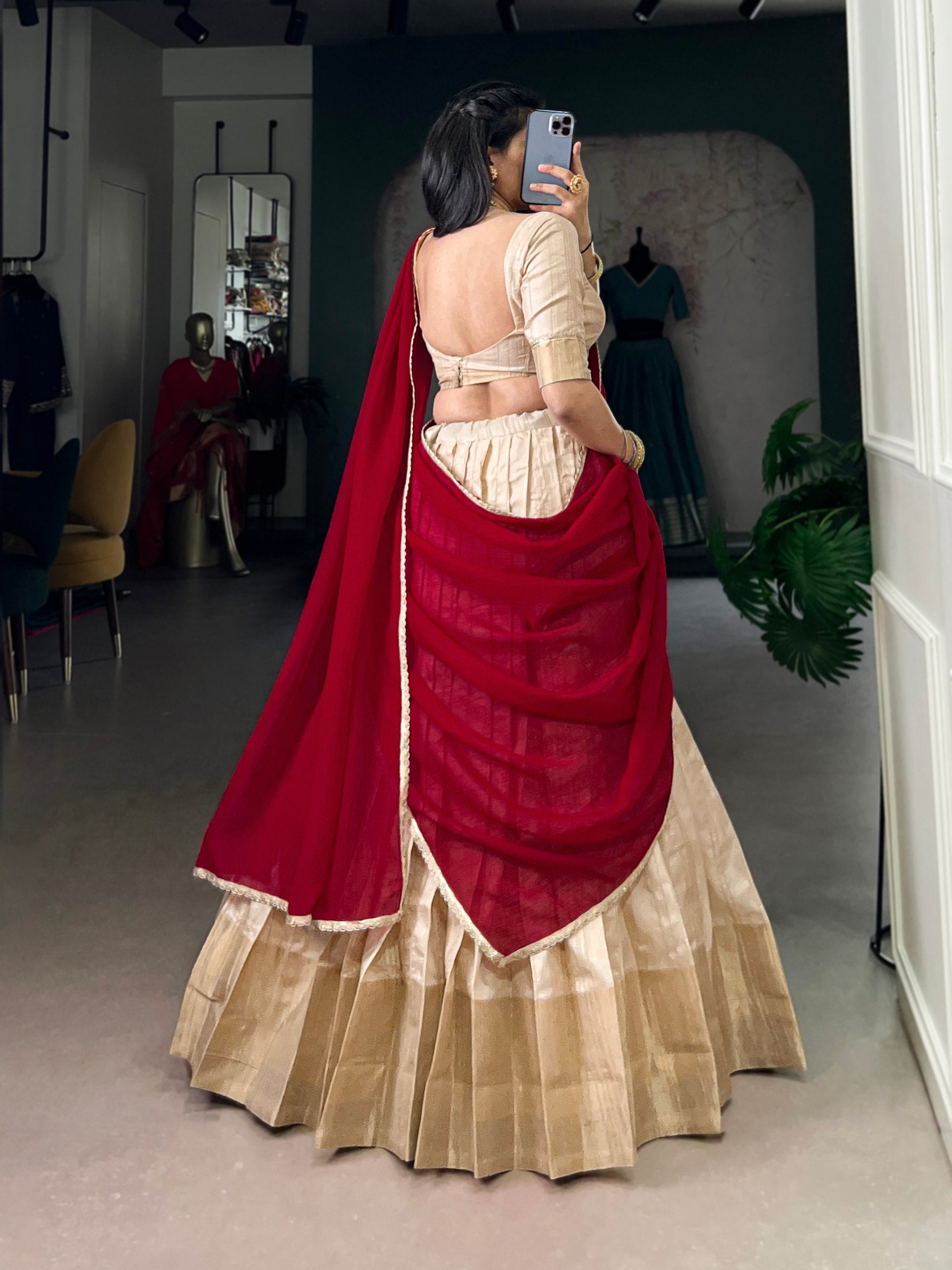 Premium Zari Weaving Traditional Cream & Maroon Lehenga choli with Silver Glossy Dupatta