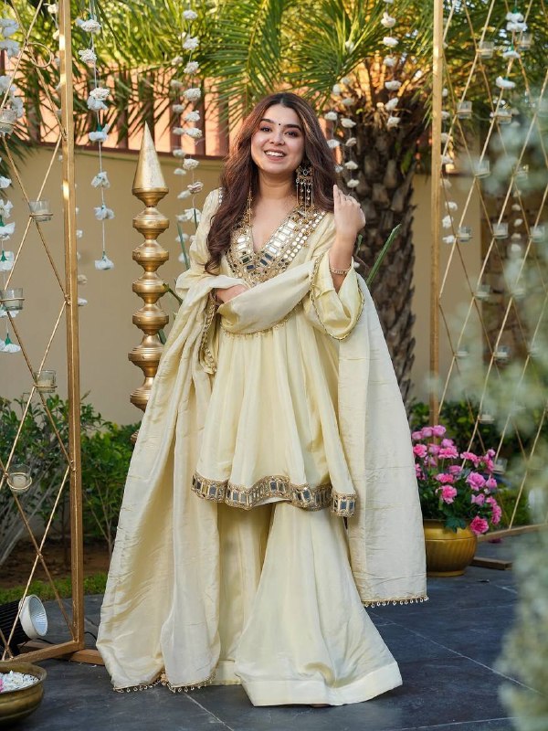 Premium Cream Cosmos Fabric Mirror Work Anarkali Palazzo Set