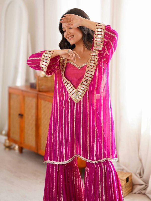 Festive Rani Pink Mirror Work Sharara Suit Set for Women | Mehendi, Haldi & Festive Outfit