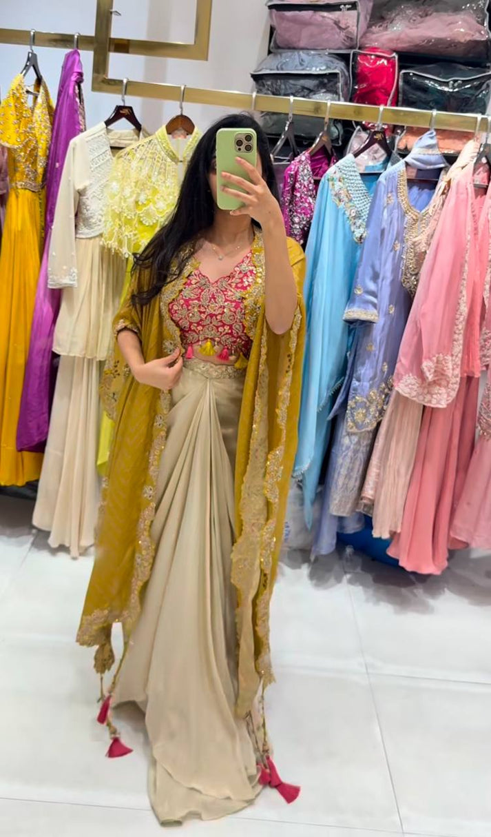 Indo-Western Dhoti Skirt Set for Women | Party Wear Embroidered Crop Top & Cape
