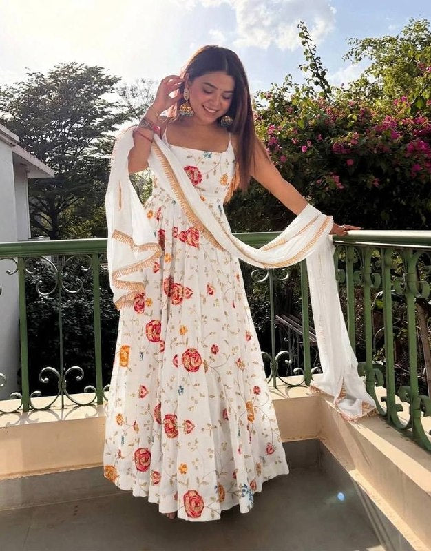 Festive Wear Ivory Floral Embroidered Vichitra Silk Anarkali Suit Set with Dupatta