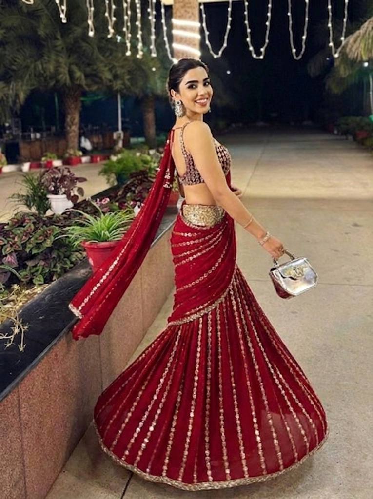 Festive Wear Mirror Work Ready-to-Wear Lehenga Saree for Women | Ready To Wear Saree For Wedding