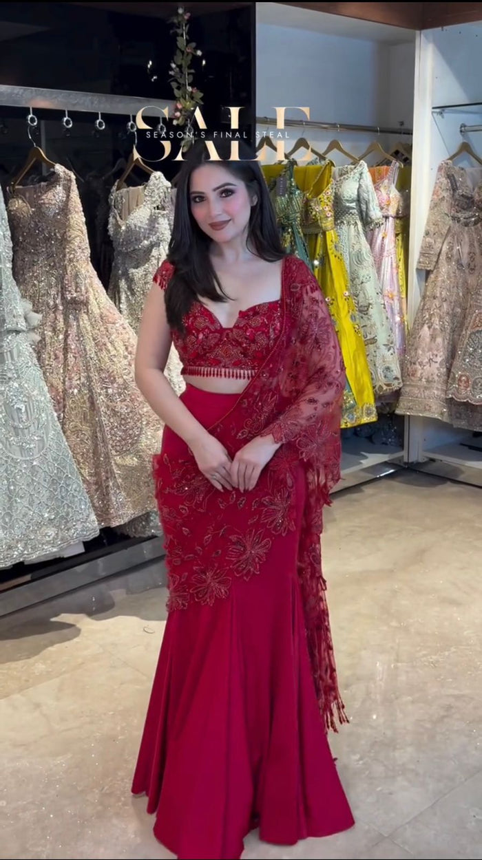 Wedding Wear Red Ready-to-Wear Mermaid Lehenga Saree with Blouse for Women