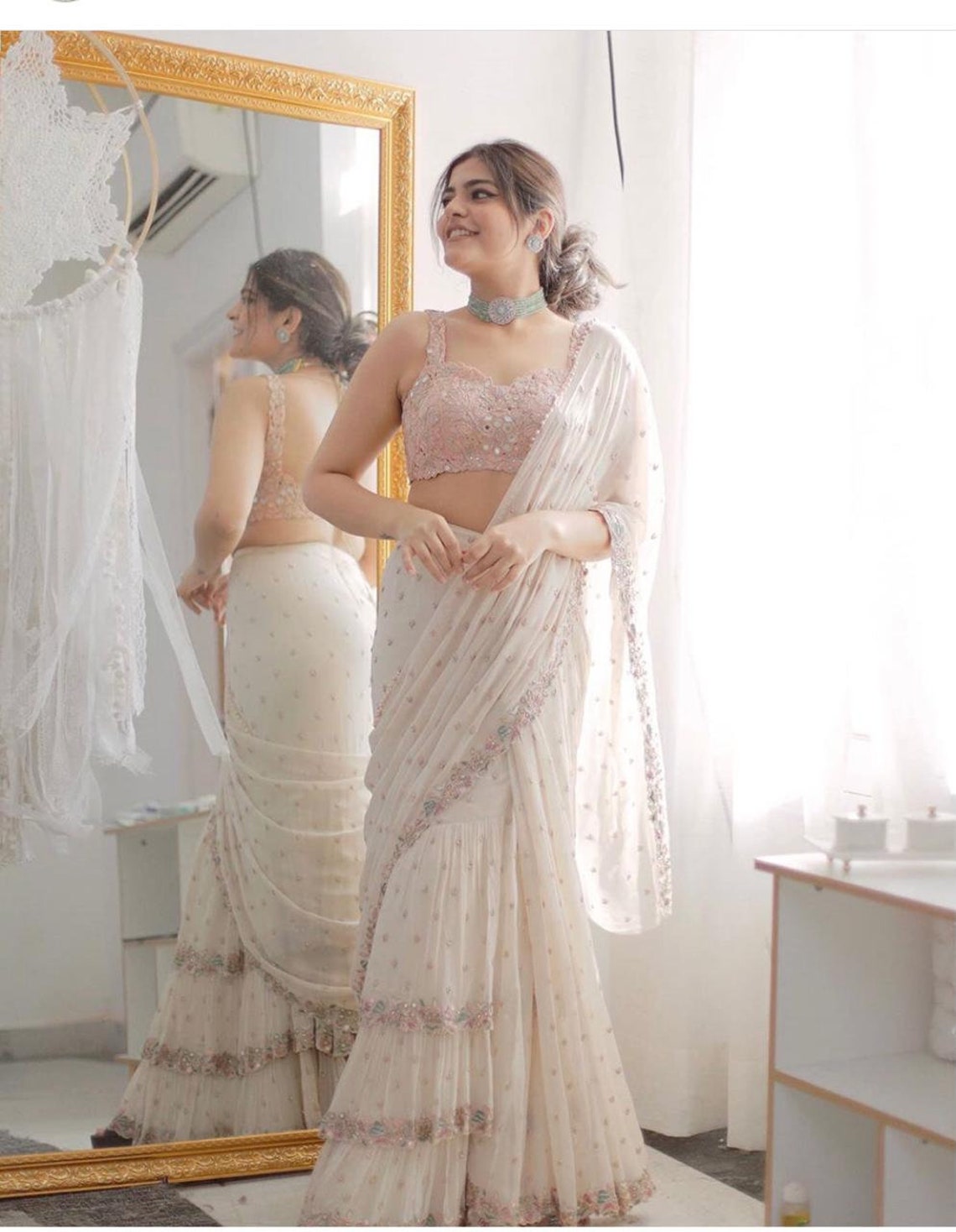 Off-White Wedding Wear Real Mirror Work Ruffle Saree with Blouse for Women | farewell saree for girls