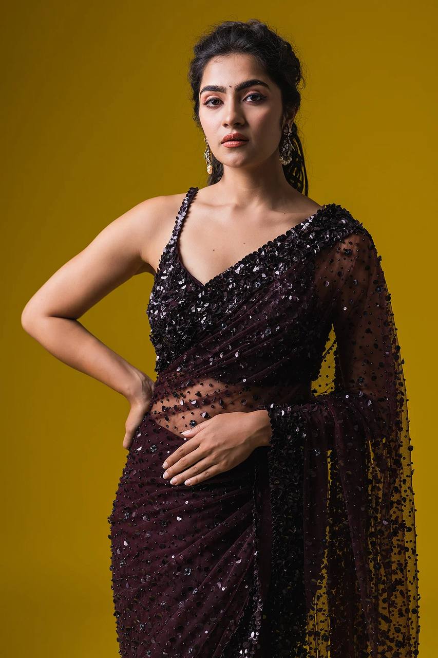 Dark Brown Sequin Net Saree with Blouse | Cocktail & Reception Wear