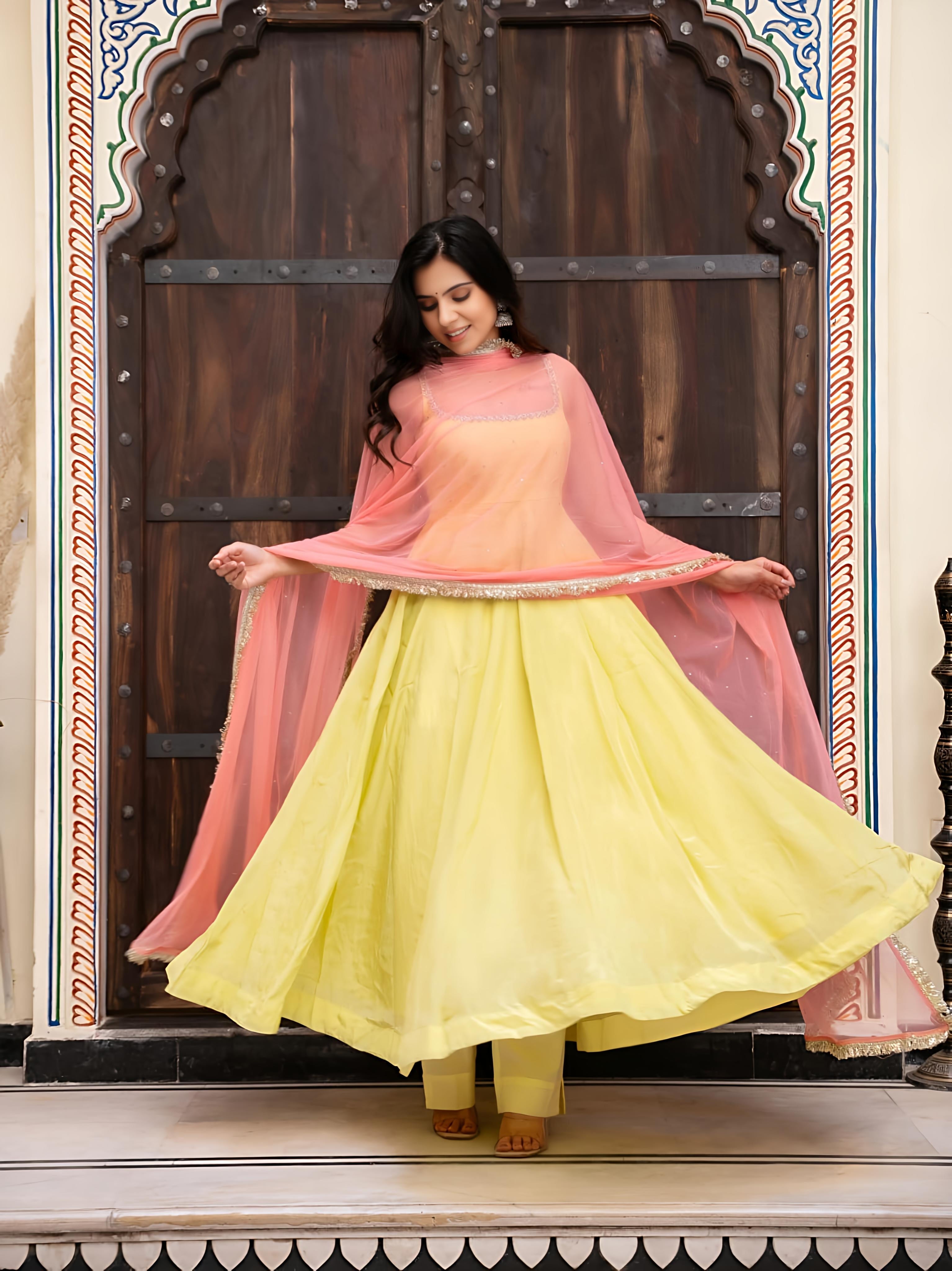 Lemon Yellow Anarkali Gown Suit with Pink Dupatta Set
