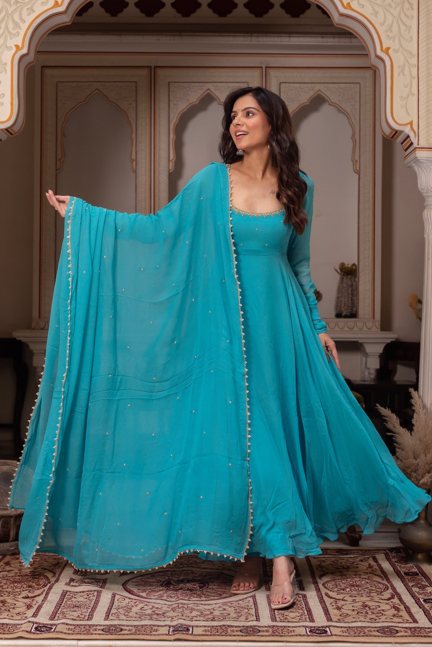 Party Wear Teal Blue Georgette Anarkali Suit for Women