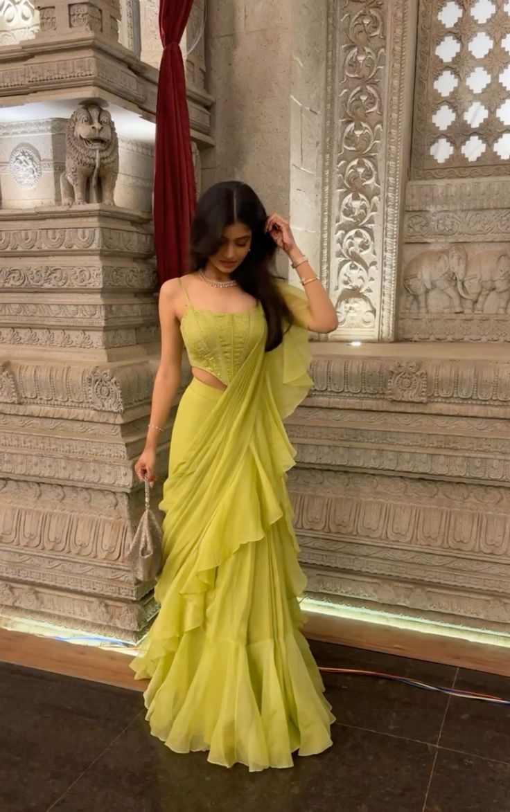 Party-Wear Lime Green  Ready-to-Wear Ruffle Saree For Women