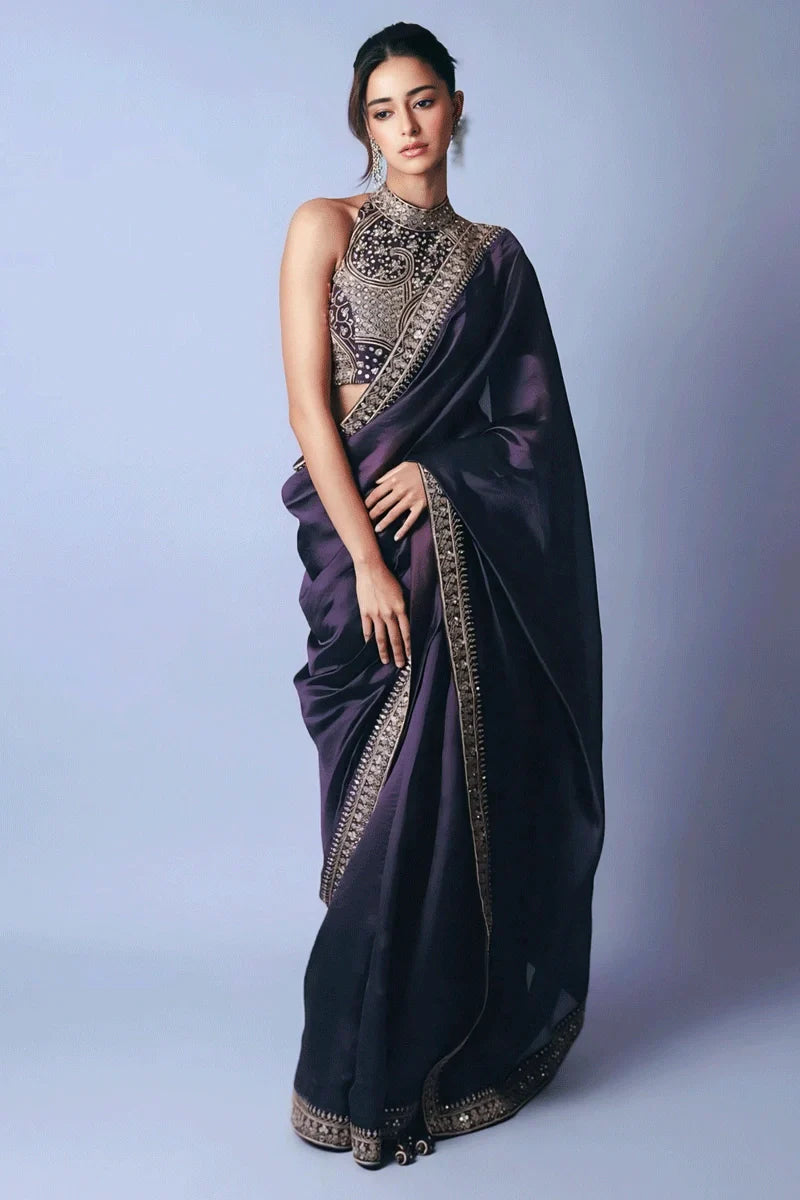 Royal Purple Sequin Embroidered Saree for Women | Wedding Party Wear