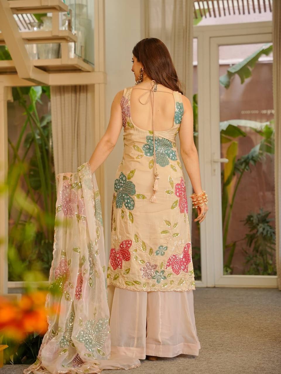 Champagne Beige Floral Sequin Organza Silk Palazzo Suit Set with Dupatta for Women