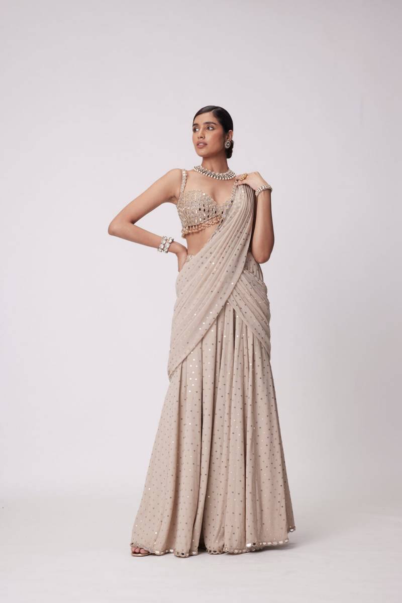 Champagne Beige Mirror Work Ready-to-Wear Lehenga Saree for Women