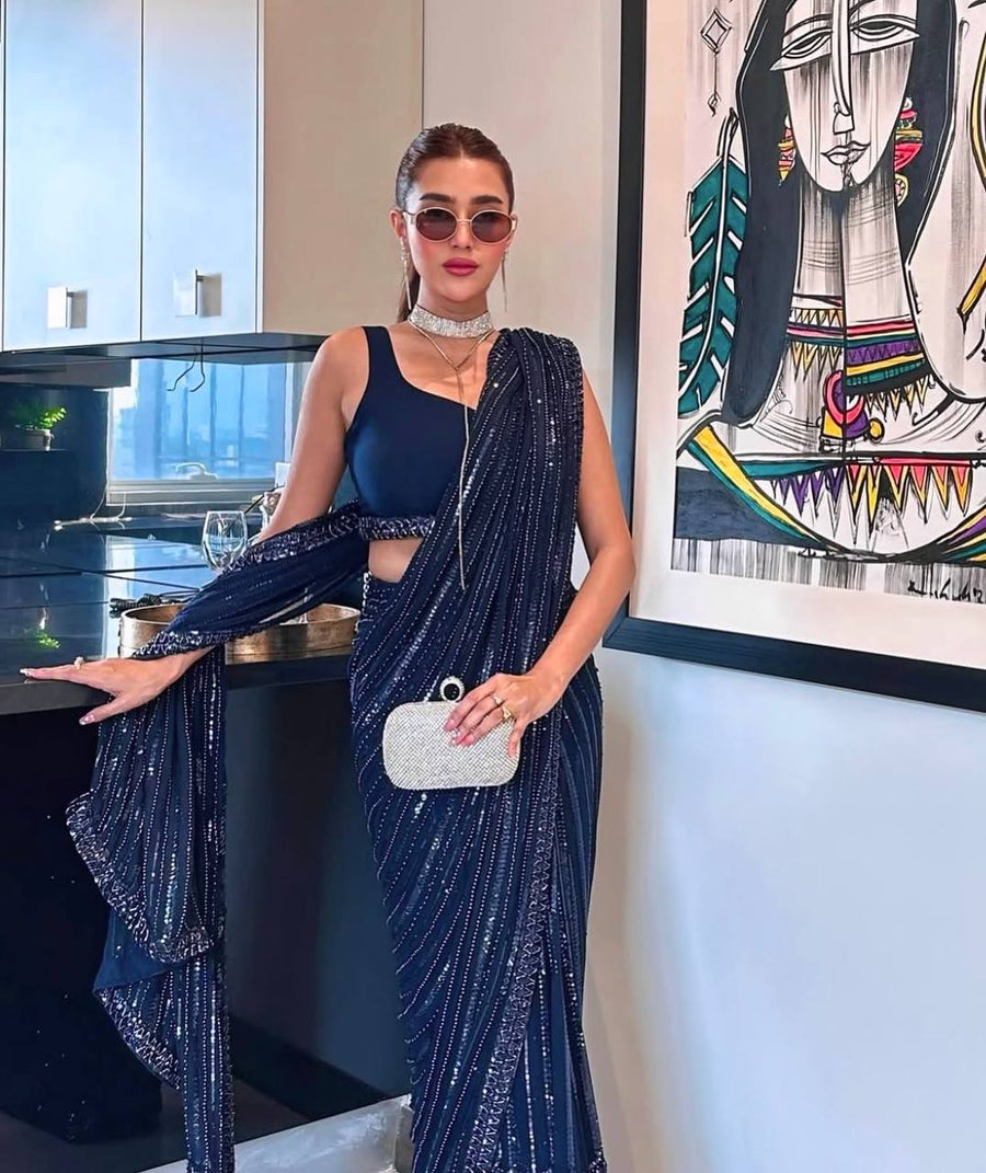Navy Blue Sequin Embroidered Georgette Saree with Blouse | Cocktail & Reception Wear