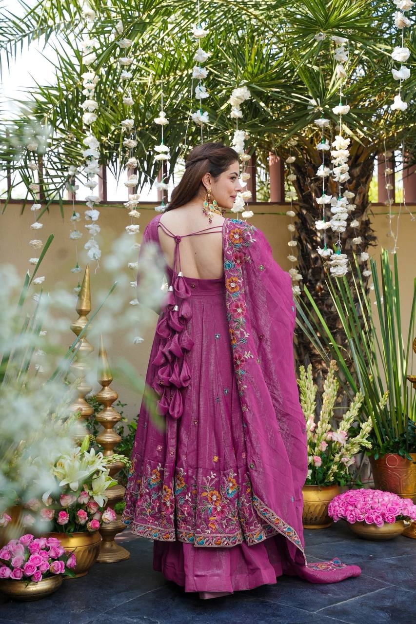 Luxury Embroidered Crunchy Silk Anarkali Gown Sharara Set with Dupatta