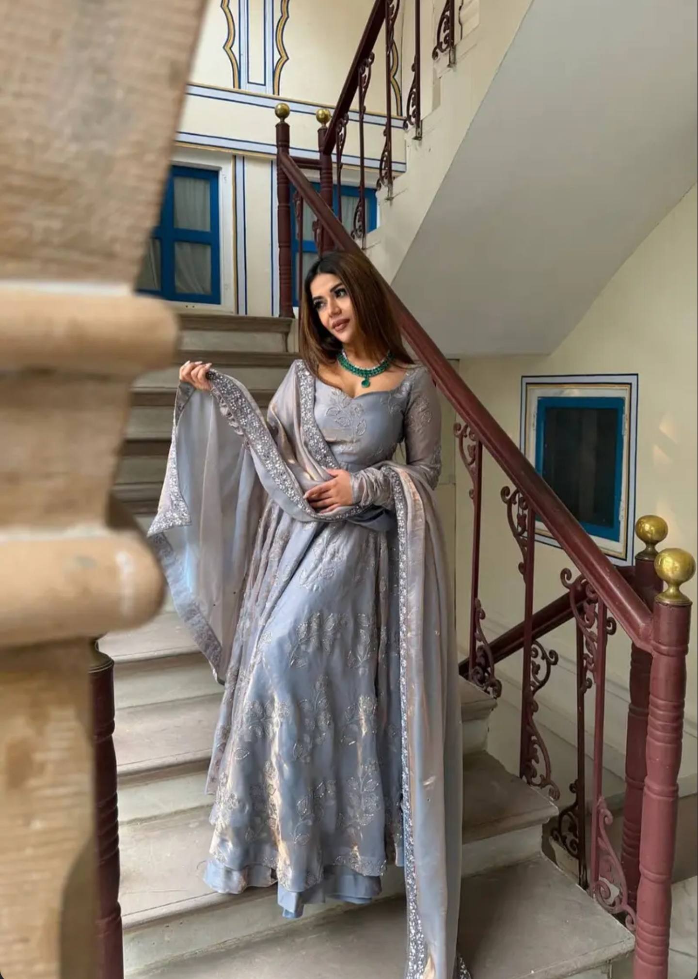 Silver Grey Fandy Silk Anarkali Gown Suit Set with Dupatta