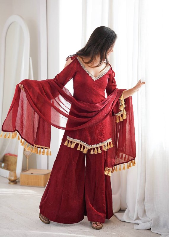Wine Maroon Mirror Work Kurta Palazzo Suit Set for Women | Wedding, Festive & Party Wear