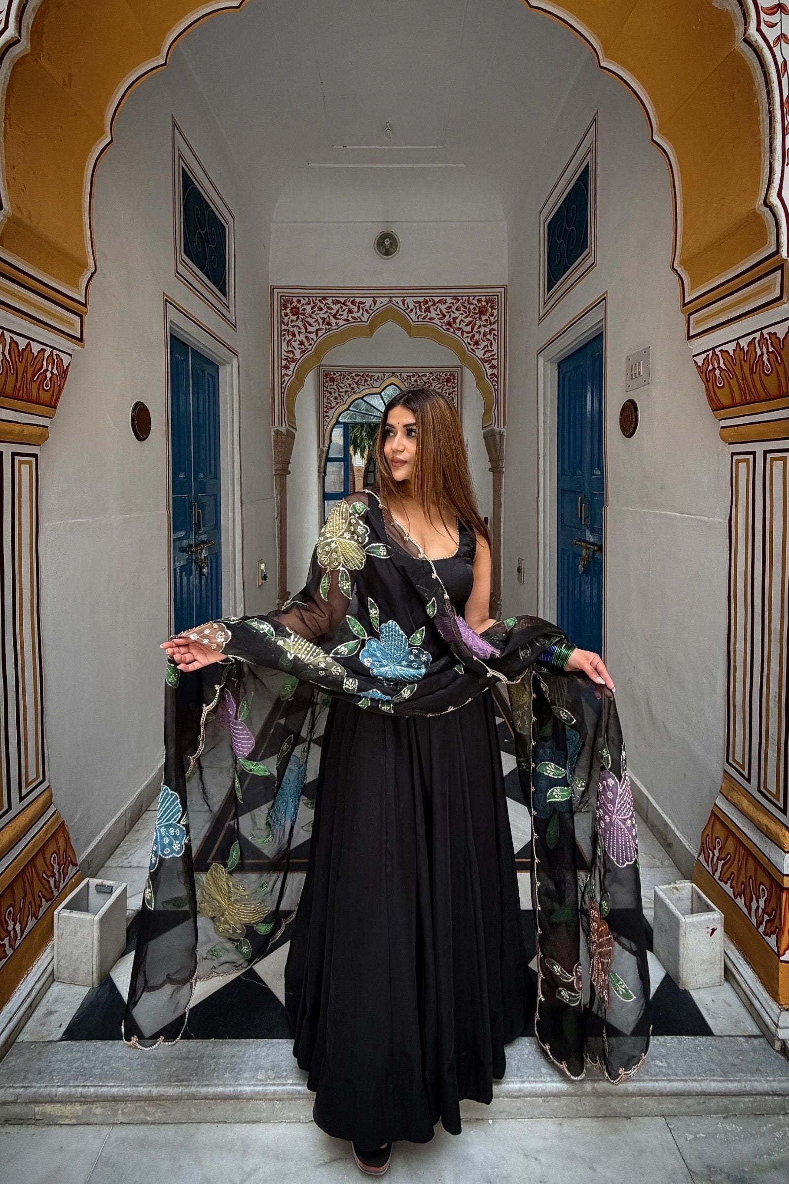 festive Wear Black Georgette Anarkali Suit Set with Floral Dupatta
