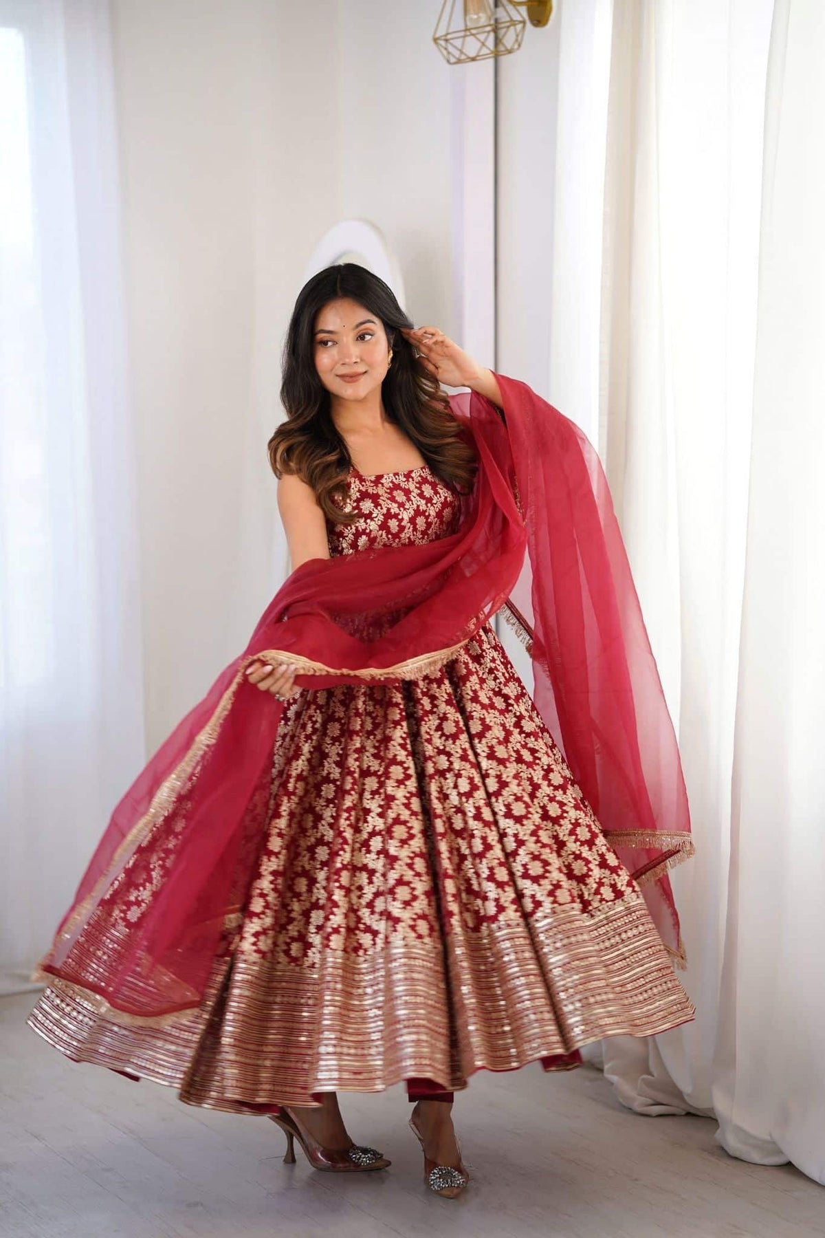 Maroon Gold Brocade Silk Anarkali Suit Set with Organza Dupatta for Women