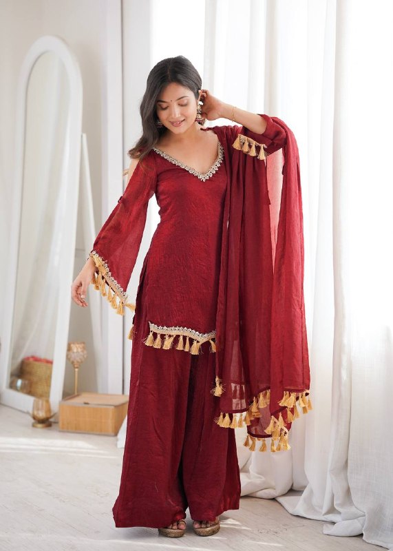 Wine Maroon Mirror Work Kurta Palazzo Suit Set for Women | Wedding, Festive & Party Wear