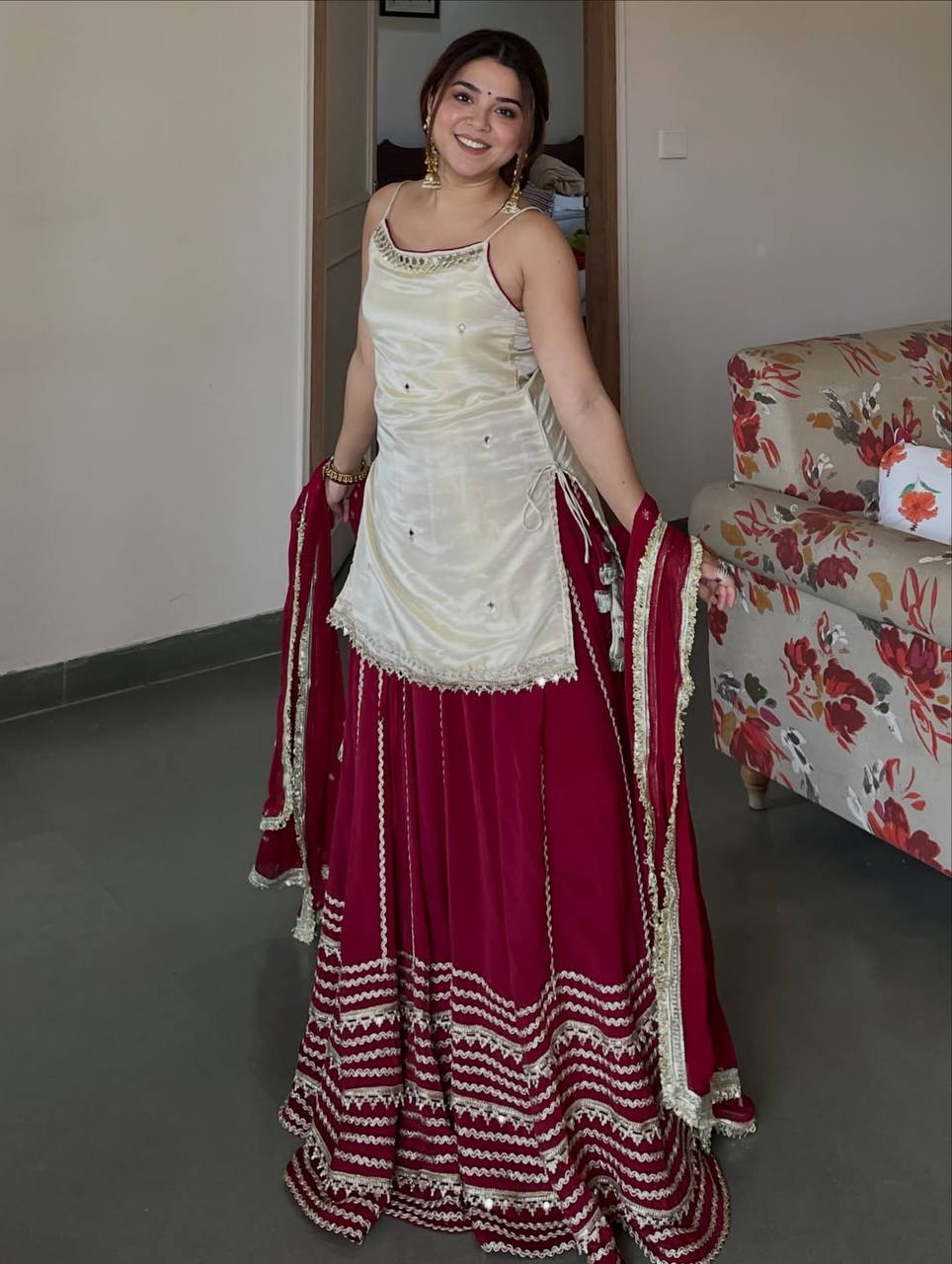 Ivory Maroon Zari Embroidered Short Kurti Lehenga Set with Dupatta for Women