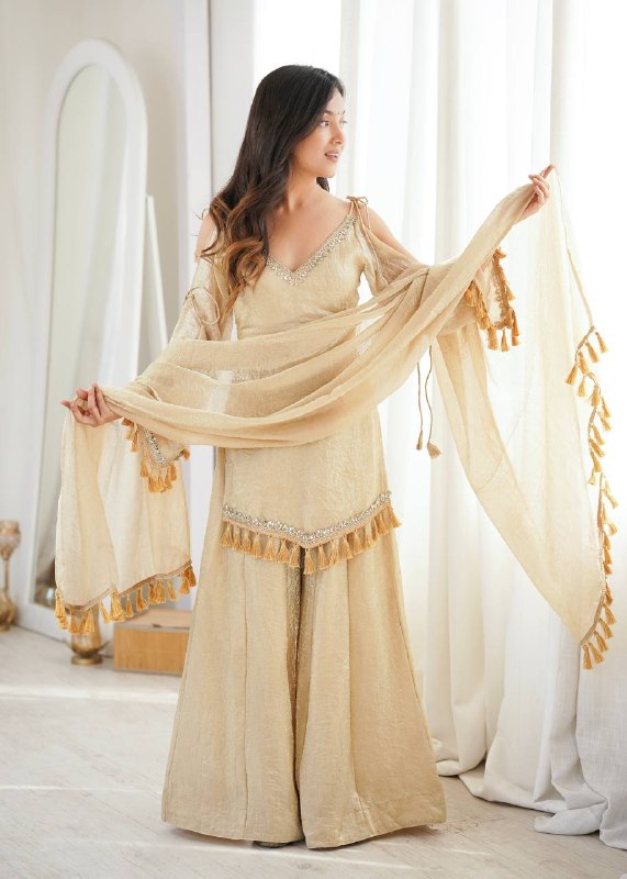 Champagne Gold Mirror Work Party Wear Palazzo Suit Set for Women