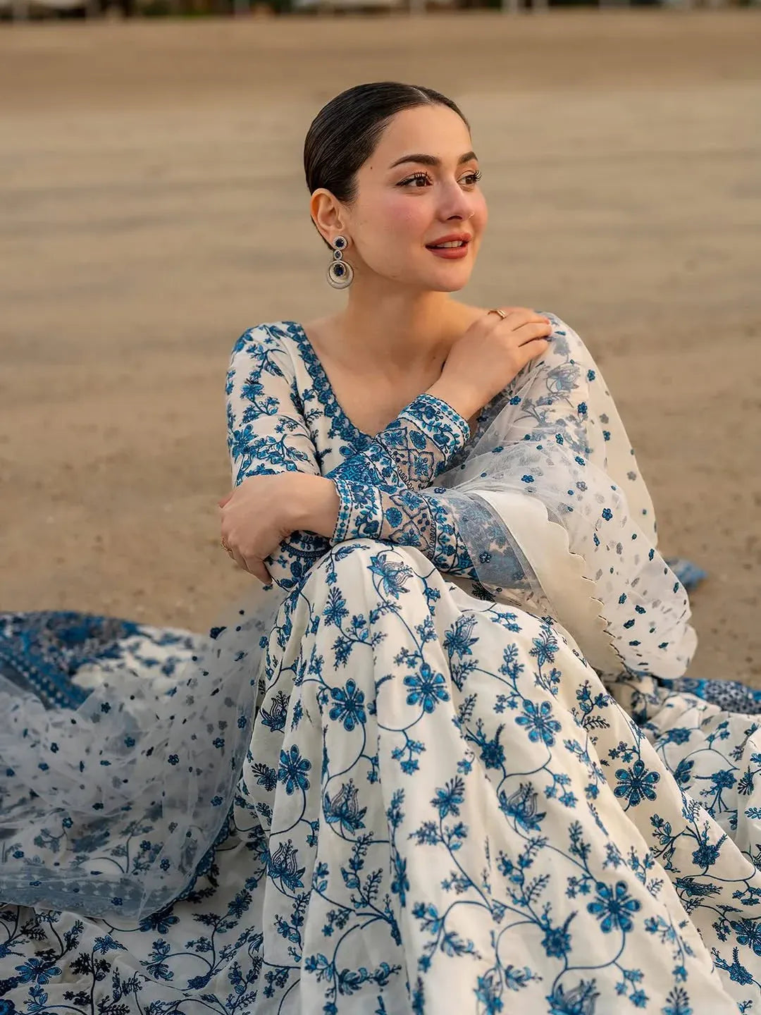 Ivory Blue Floral Embroidered Anarkali Suit Set with Pant and Dupatta for Women