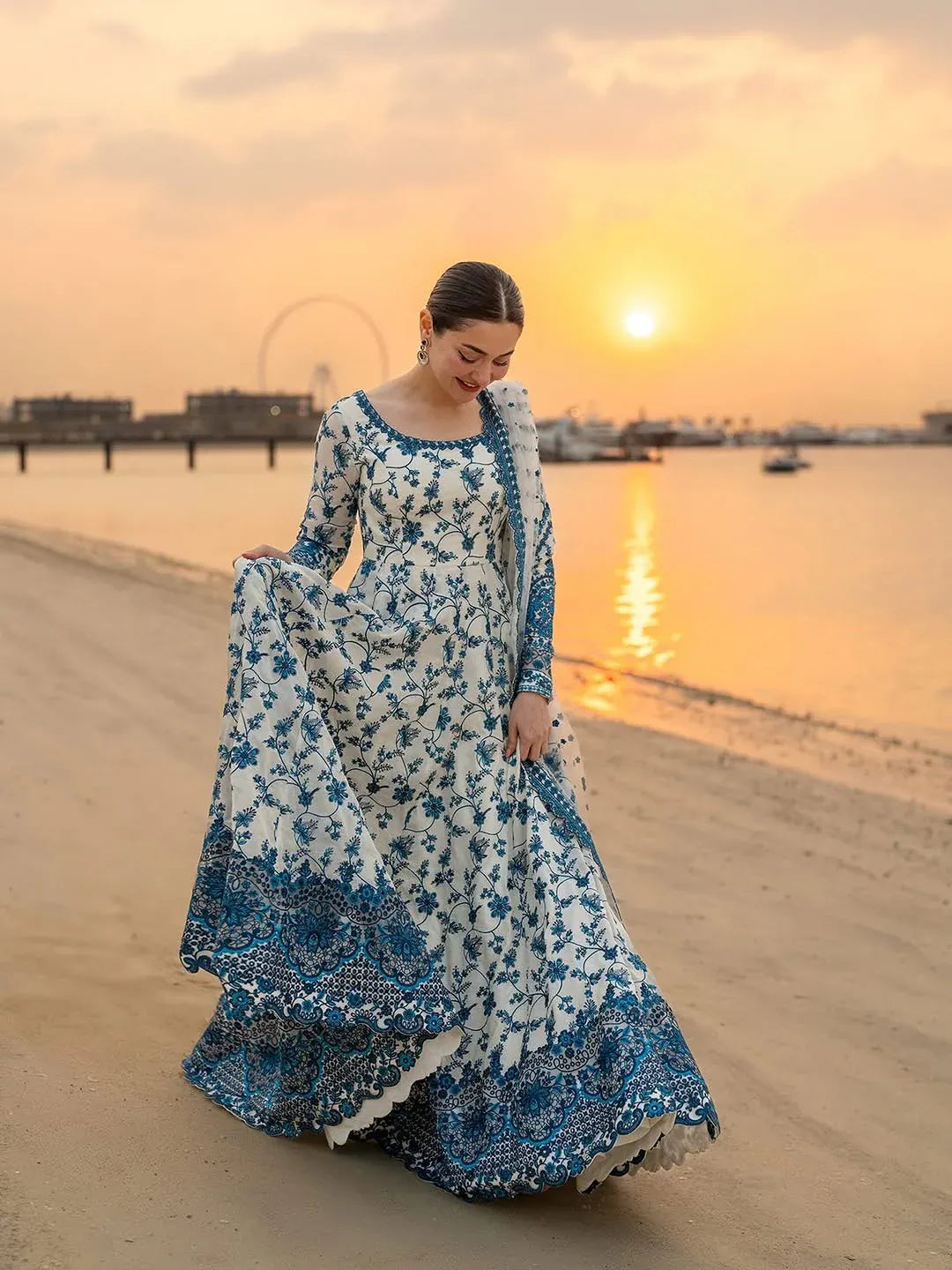 Ivory Blue Floral Embroidered Anarkali Suit Set with Pant and Dupatta for Women