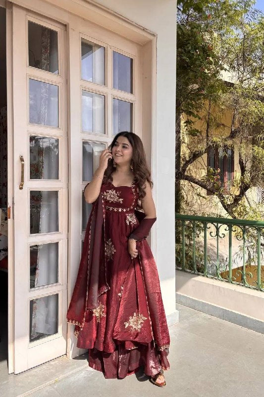 Wine Maroon Fendy Silk Anarkali Palazzo Suit Set with Dupatta for Women