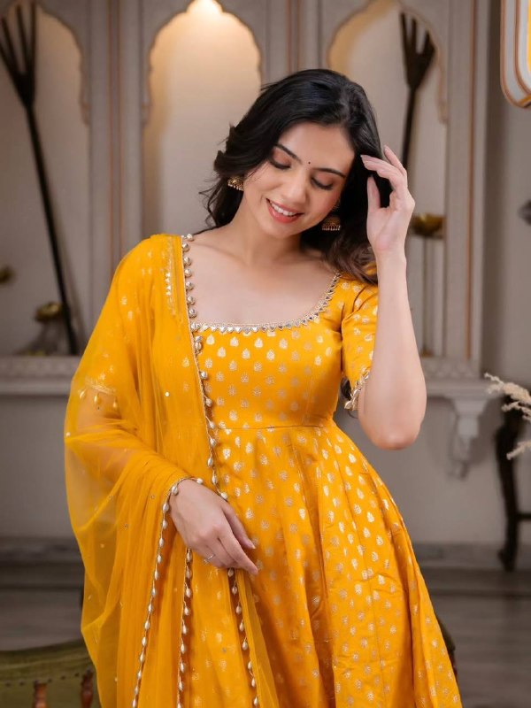 Festive Yellow Mirror Work Anarkali Suit Set for Women