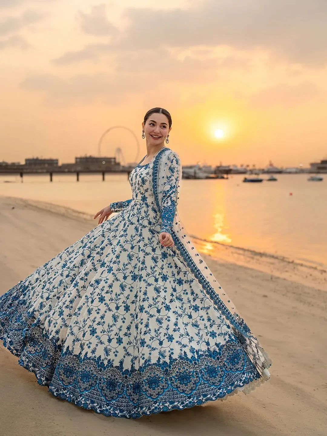 Ivory Blue Floral Embroidered Anarkali Suit Set with Pant and Dupatta for Women
