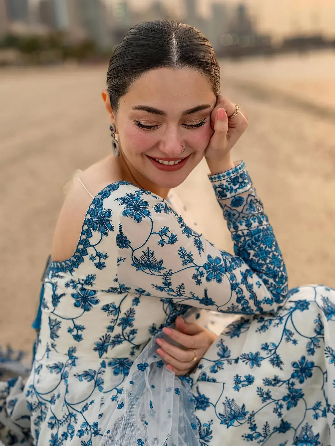 Ivory Blue Floral Embroidered Anarkali Suit Set with Pant and Dupatta for Women