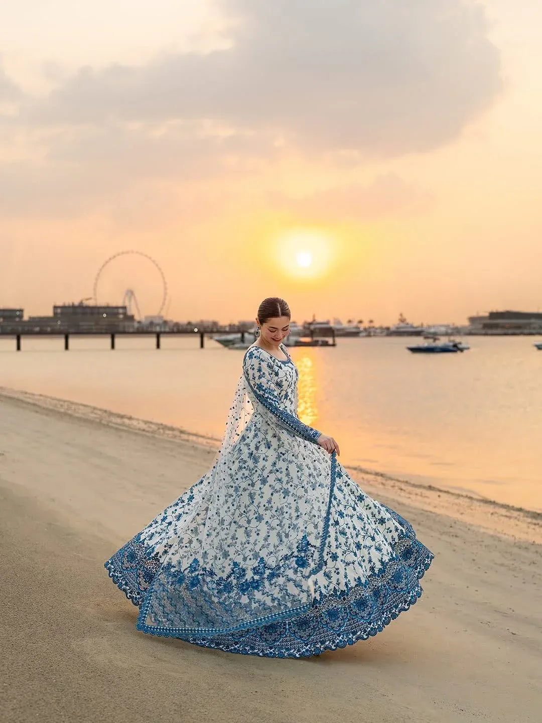 Ivory Blue Floral Embroidered Anarkali Suit Set with Pant and Dupatta for Women