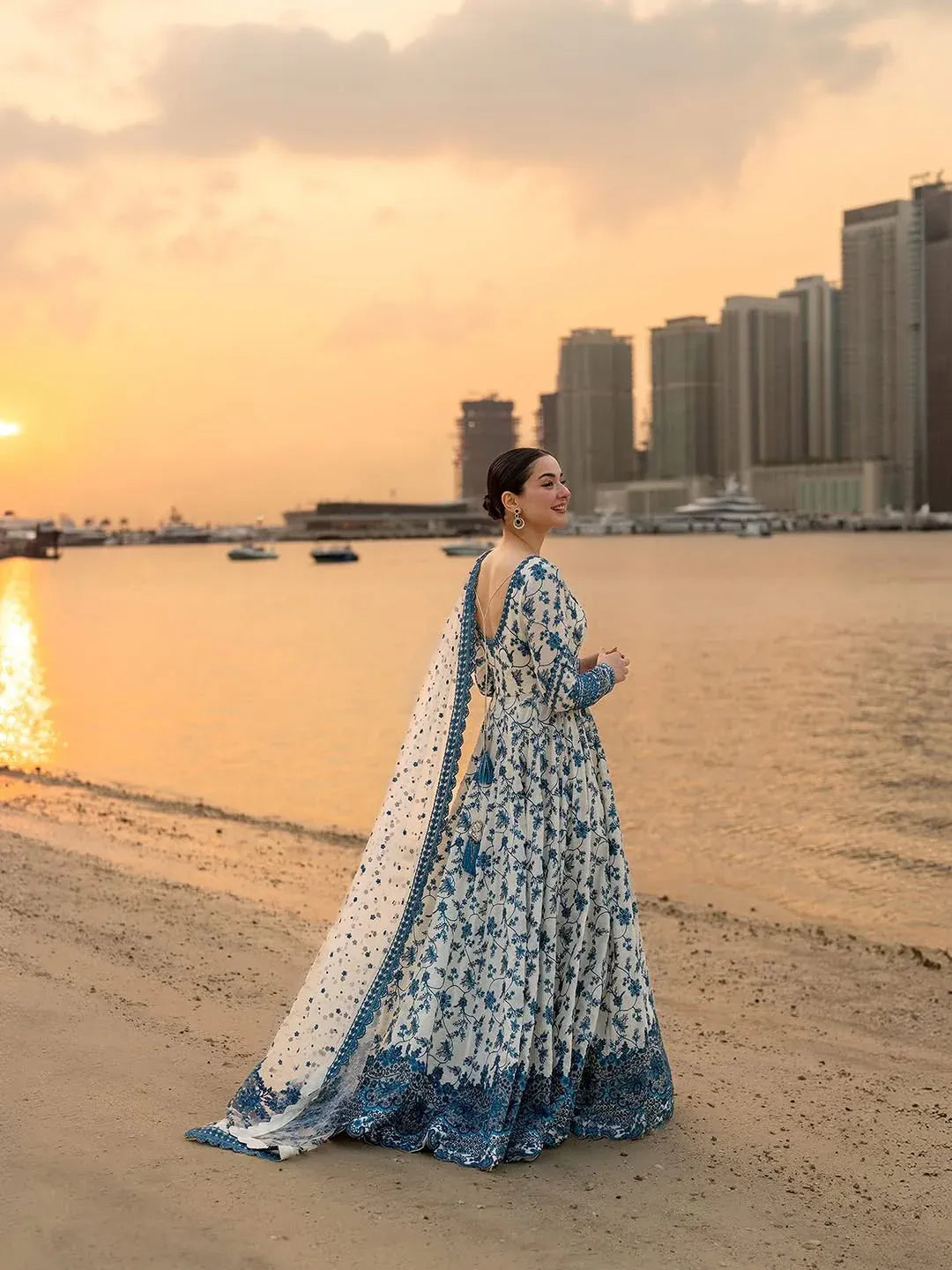 Ivory Blue Floral Embroidered Anarkali Suit Set with Pant and Dupatta for Women
