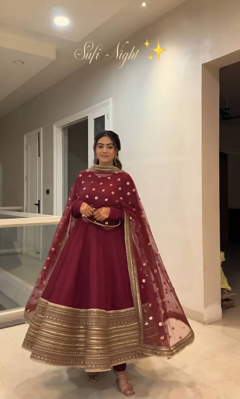Maroon Kali-Cut Rayon Anarkali Suit Set with Heavy Coding Embroidery & Sequins Work