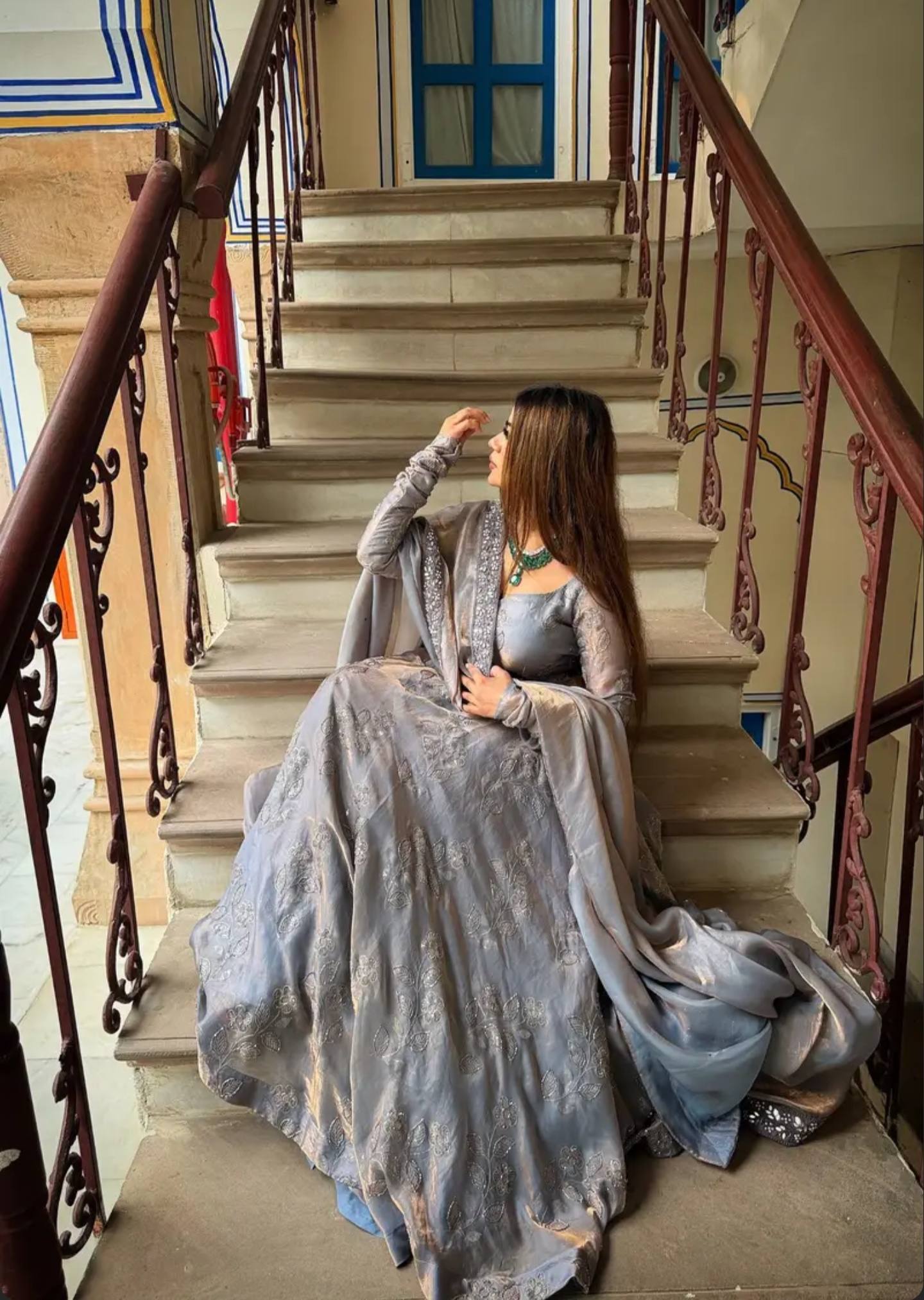 Silver Grey Fandy Silk Anarkali Gown Suit Set with Dupatta