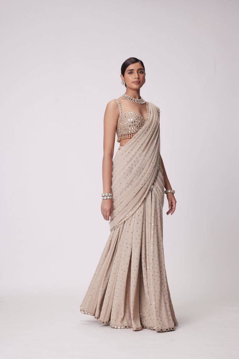 Champagne Beige Mirror Work Ready-to-Wear Lehenga Saree for Women